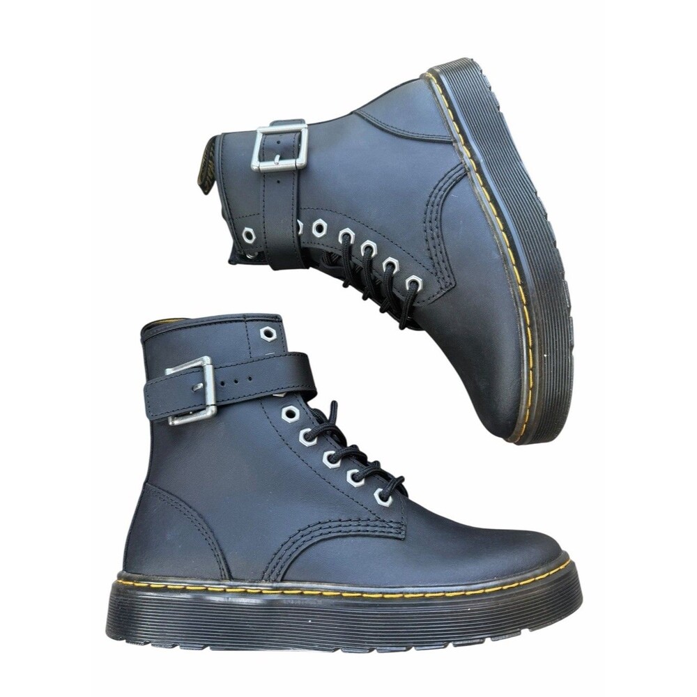 Dr. Martens Zavala ALT Black Leather Buckle Combat Boots Side Zip Women’s 6 Doc